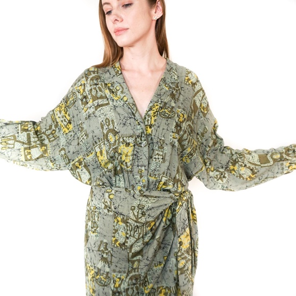 VINTAGE NICOLE MILLER Green Wrap Midi Dress 10 - Picture 6 of 7